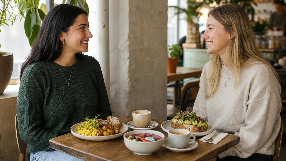 Two friends smiling across a wooden table with vegan breakfast food and coffee in a bright café.