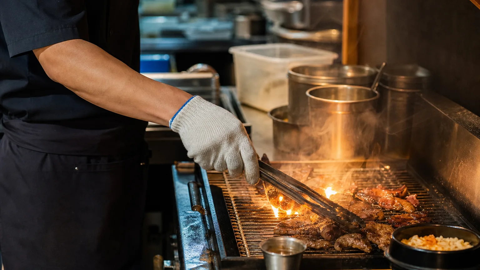 Friends cooking Korean barbecue together around a grill at a wooden table in a warmly lit restaurant.