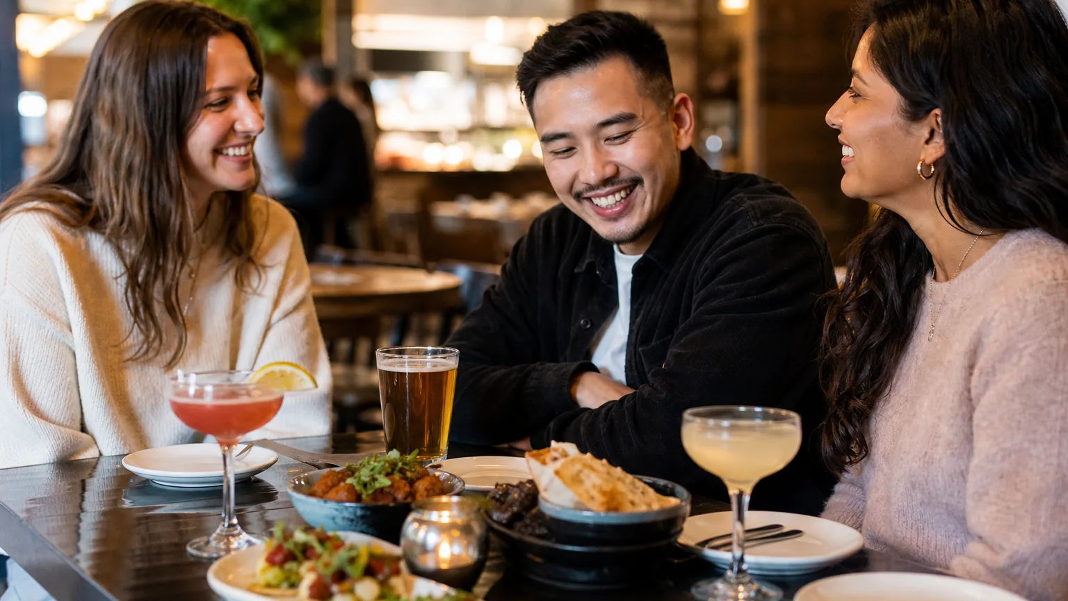 Three friends smiling and chatting at a restaurant table with happy hour drinks and snacks in Kitchener-Waterloo.