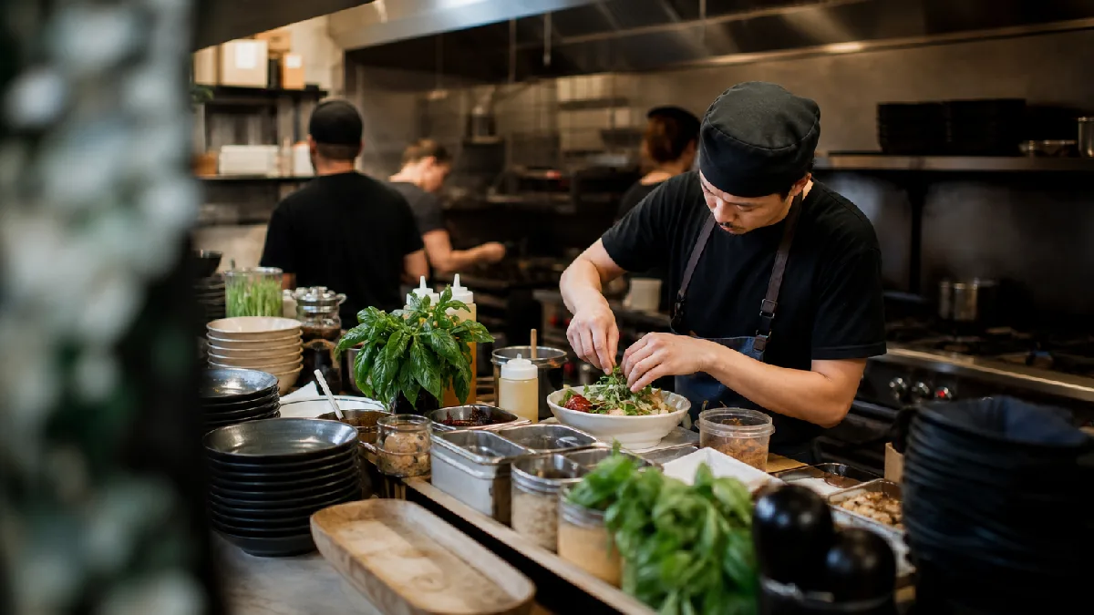 Two friends enjoying a colorful spread of Southeast Asian dishes in a warmly lit cozy restaurant