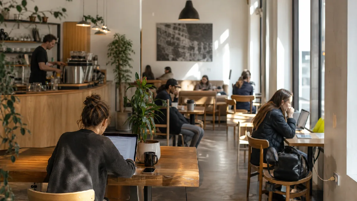 Sunlit café interior with people working on laptops and a barista preparing coffee at the counter.