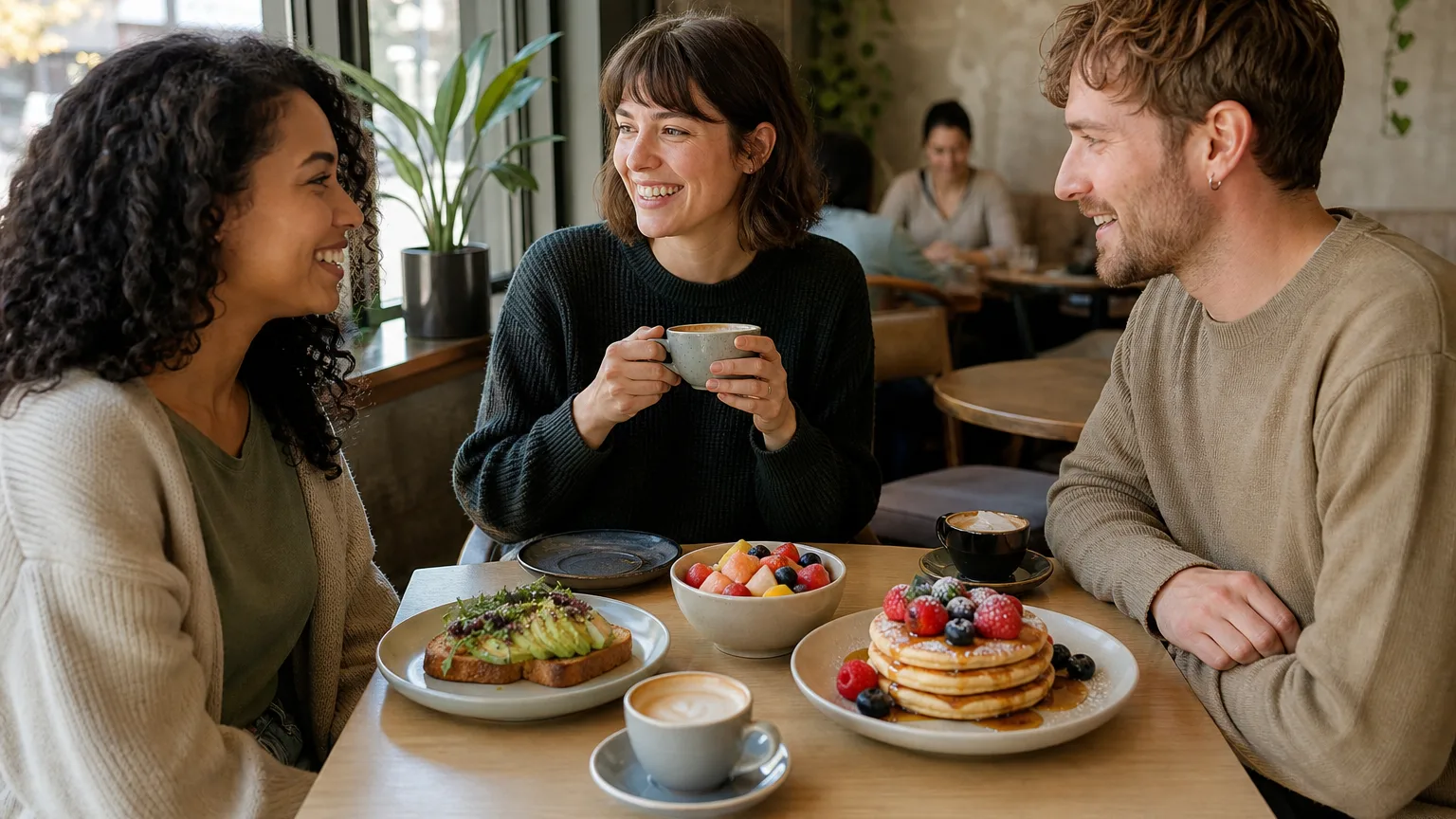 Friends enjoy a sunlit café breakfast with gluten-free dishes and coffee in Waterloo Region.
