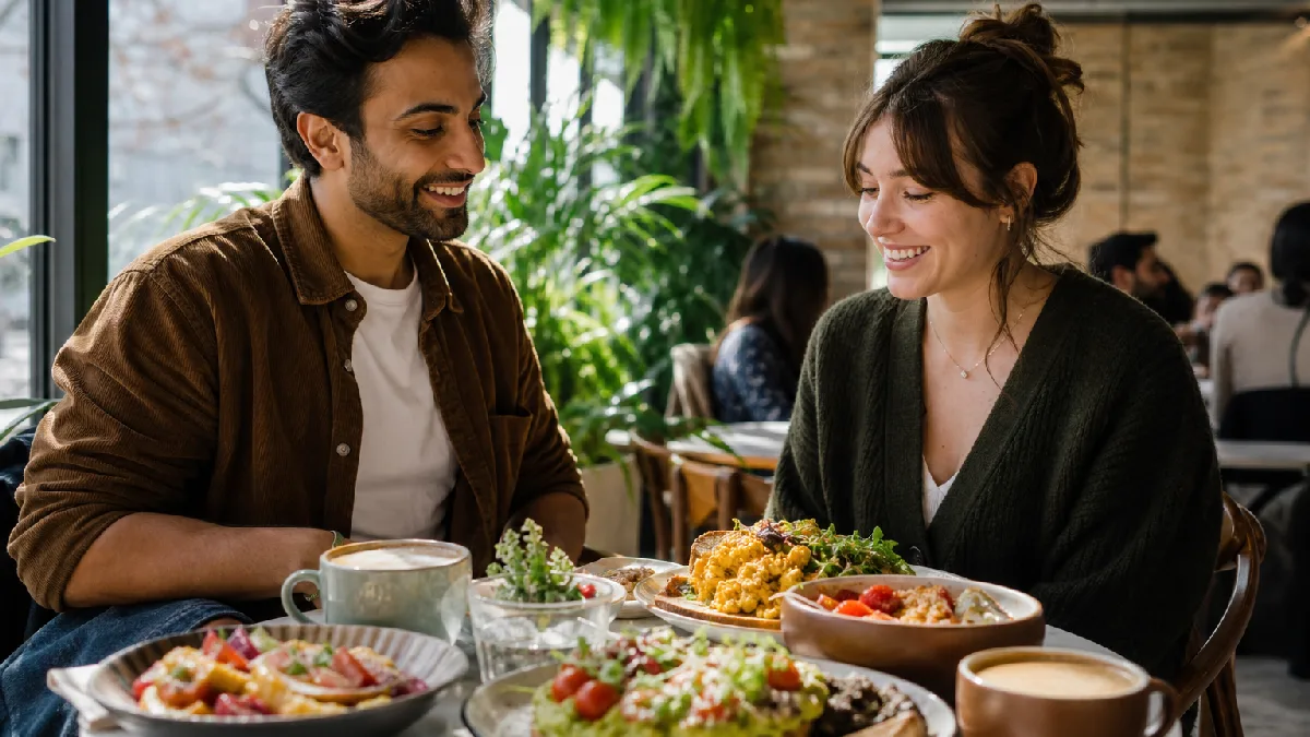 Two people enjoying a vegan brunch with tofu scramble, avocado toast, and fruit bowls at a sunlit café table.