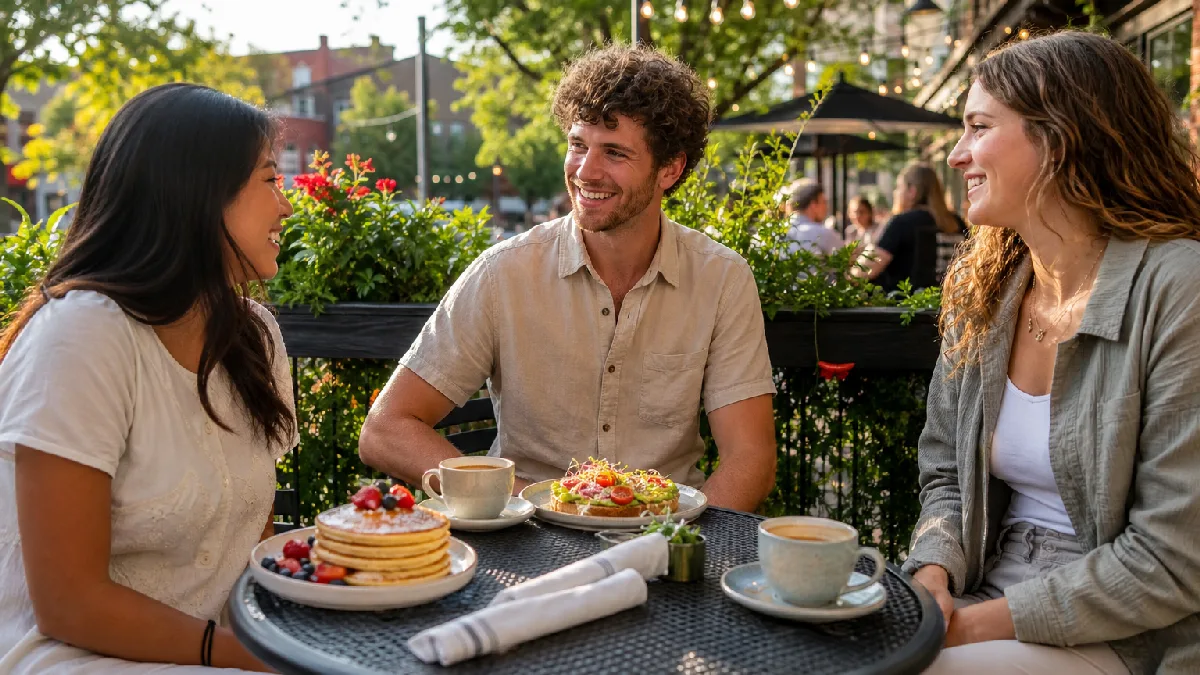 Three friends smiling and chatting at a café patio with brunch dishes and coffee cups on the table.