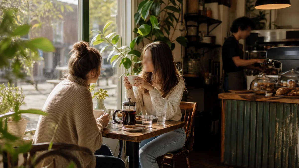 Two friends enjoying brunch with French press coffee and pastries in a sunlit, cozy café corner with rustic decor and green plants.