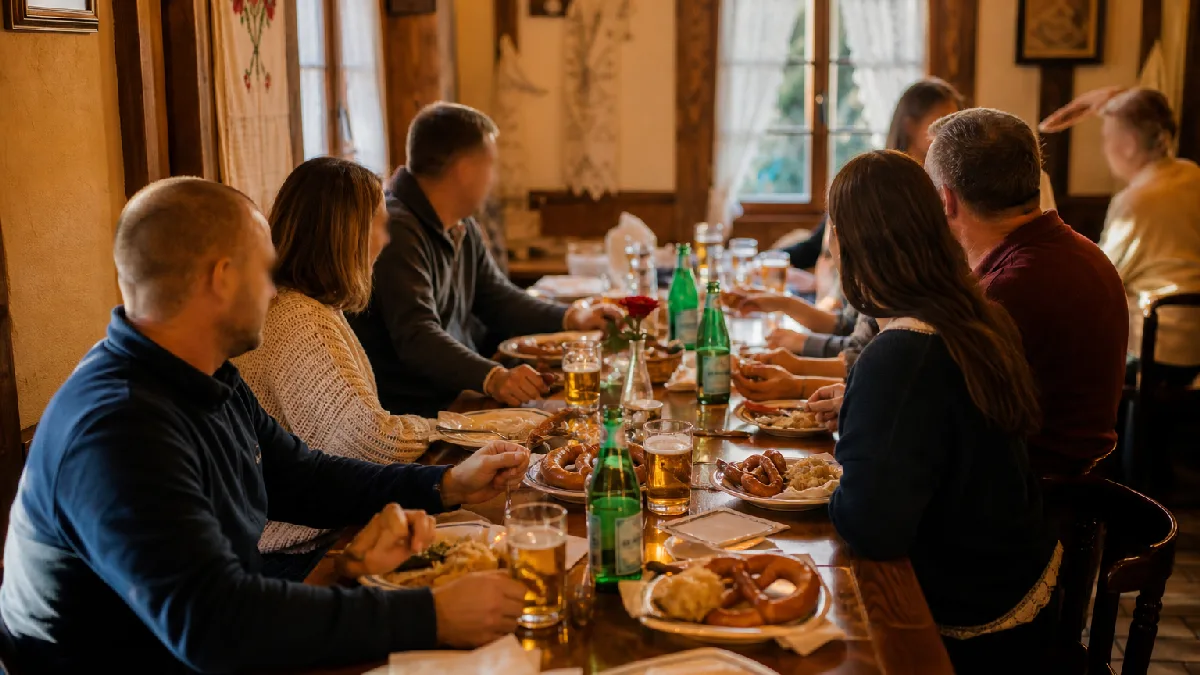 Friends dining together at a wooden table with Central European food and drinks in a cozy cultural club dining room.