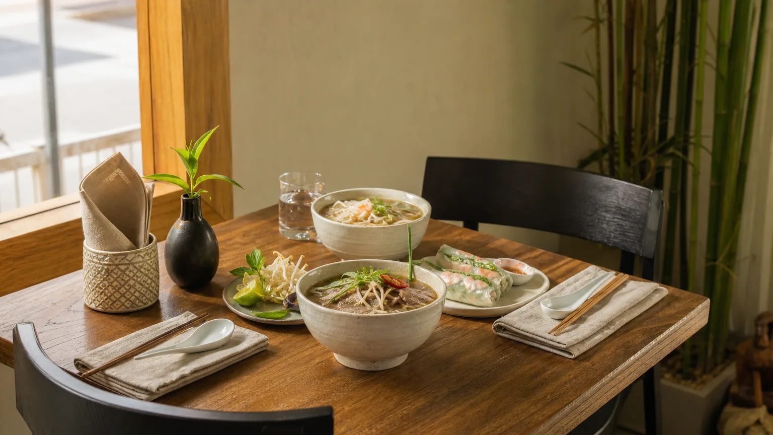 Warmly lit table with Vietnamese dishes and bamboo plants in a cozy Southeast Asian restaurant.