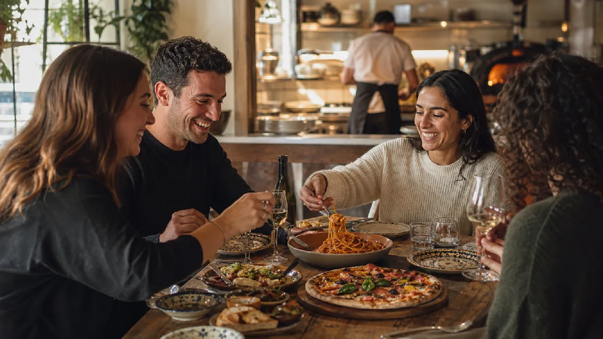 Friends enjoying Italian meal with pasta and pizza in a cozy sunlit dining room.