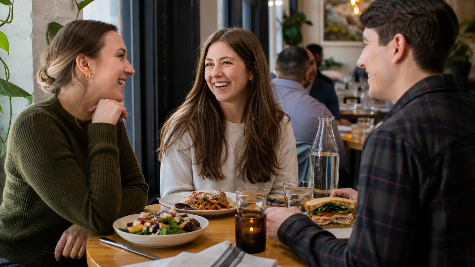 Friends smile and chat around a table with modest, colorful affordable meals in a cozy restaurant.