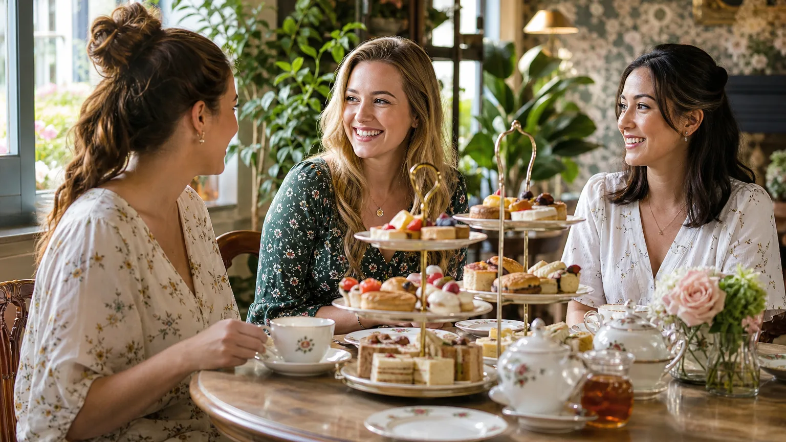 Friends seated around a wooden table enjoying tiered trays of afternoon tea pastries and tea cups in a bright tea house.