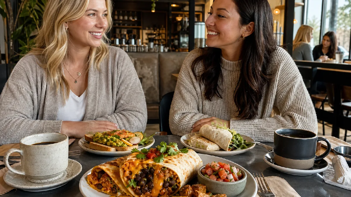Two friends smile and chat over a breakfast burrito plate with coffee in a cozy café.