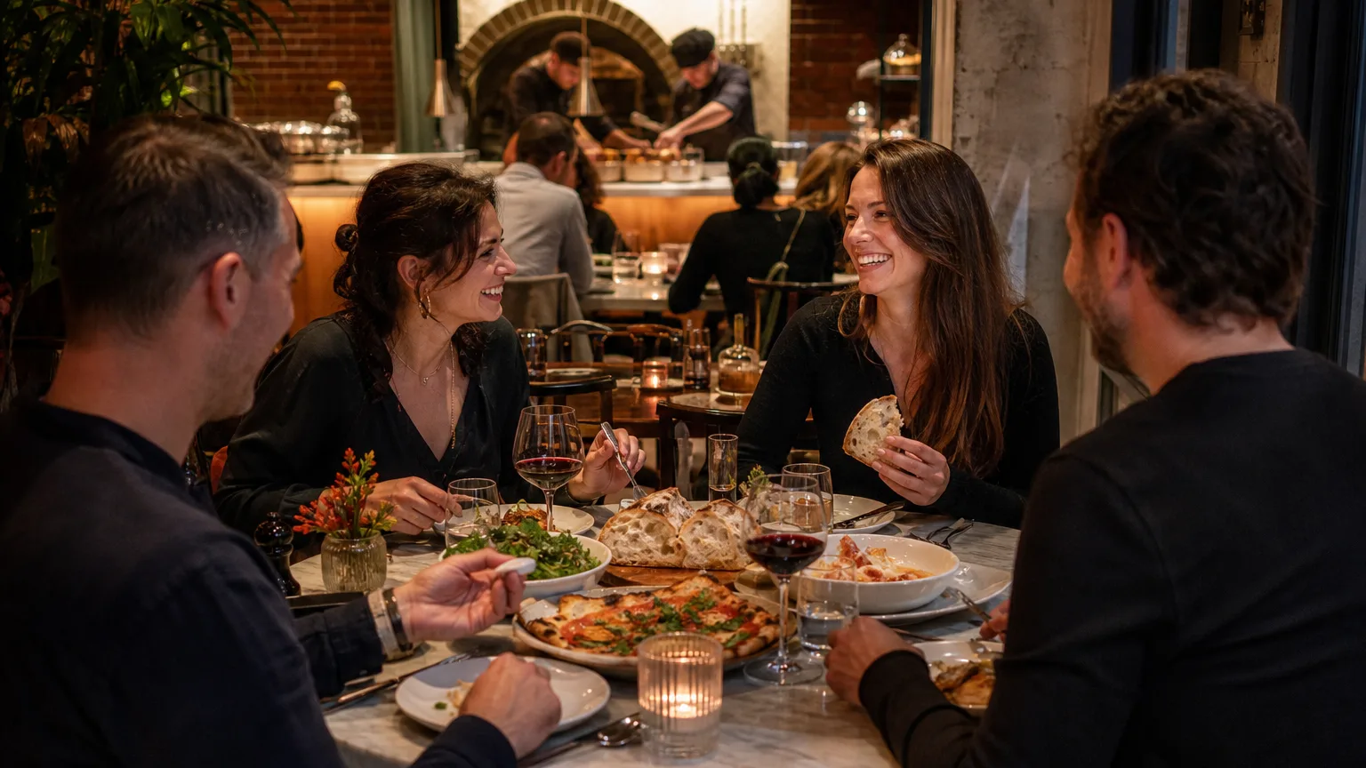 Friends dining together at an Italian-Mediterranean restaurant with shared dishes and wine near a large window.
