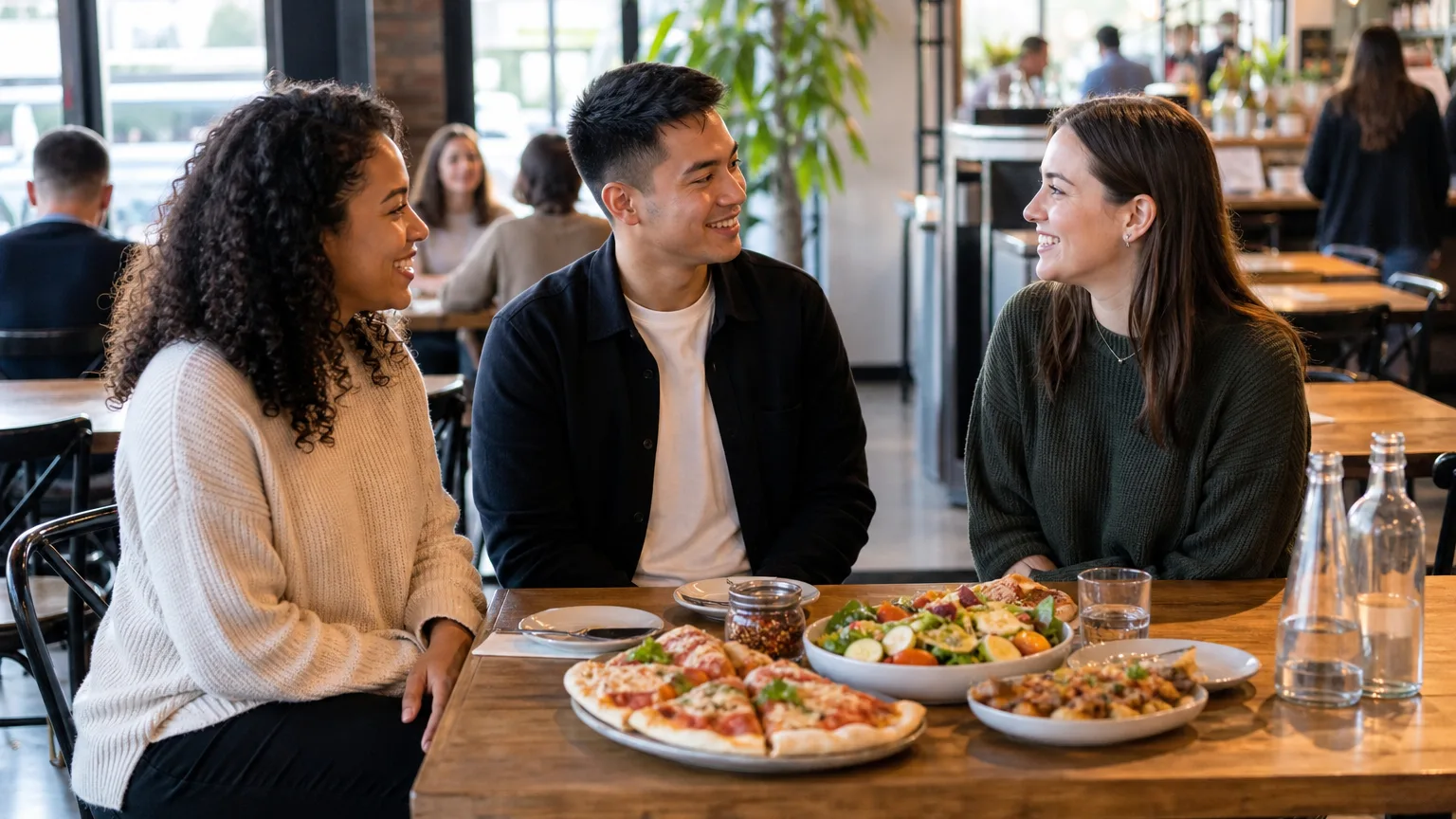 Three friends smiling at a table indoors with pizza and a salad in front of them in a cozy restaurant setting.