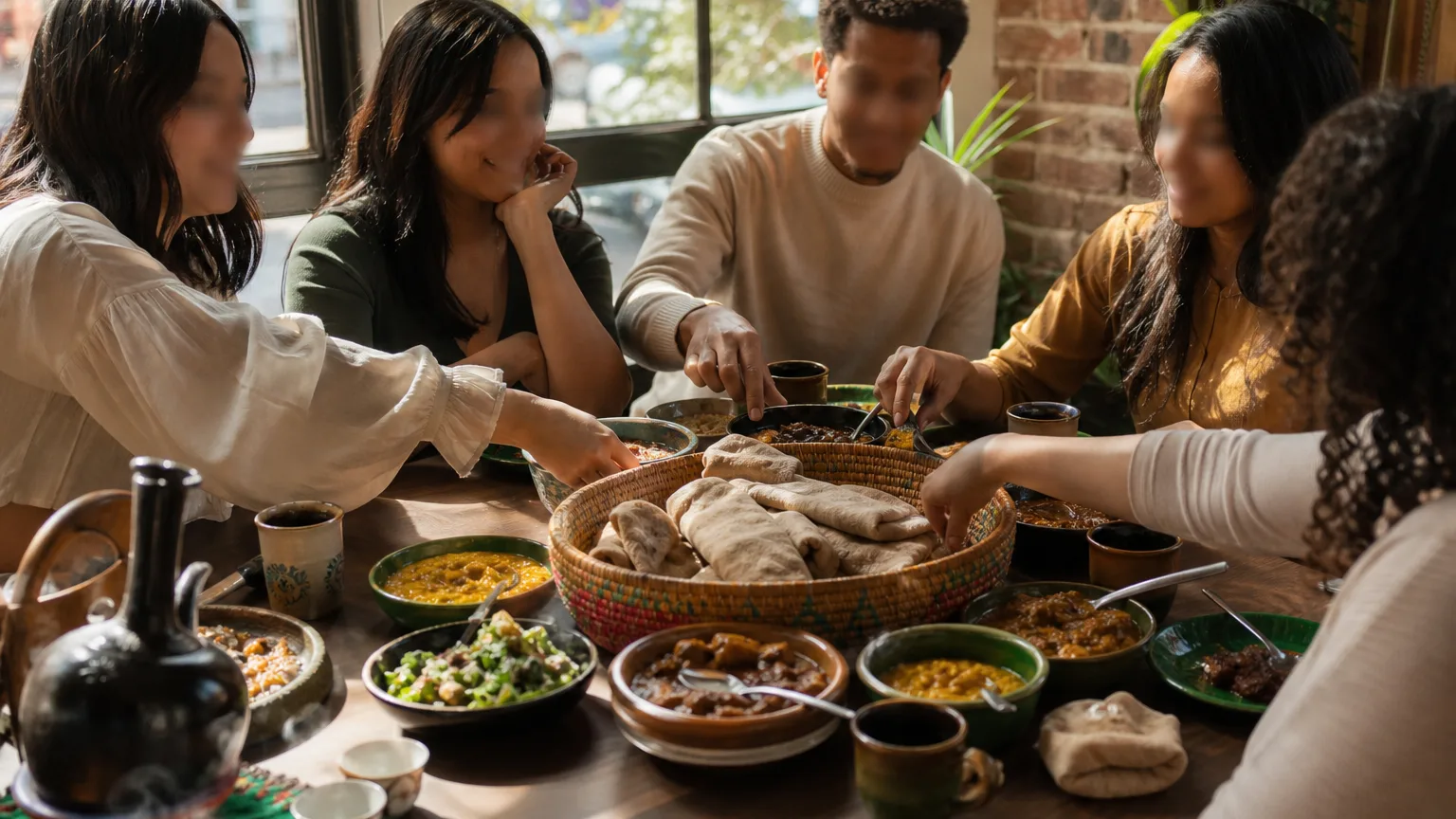 Friends sharing an Ethiopian meal around a wooden table with injera bread and colorful dishes in a sunlit dining room.