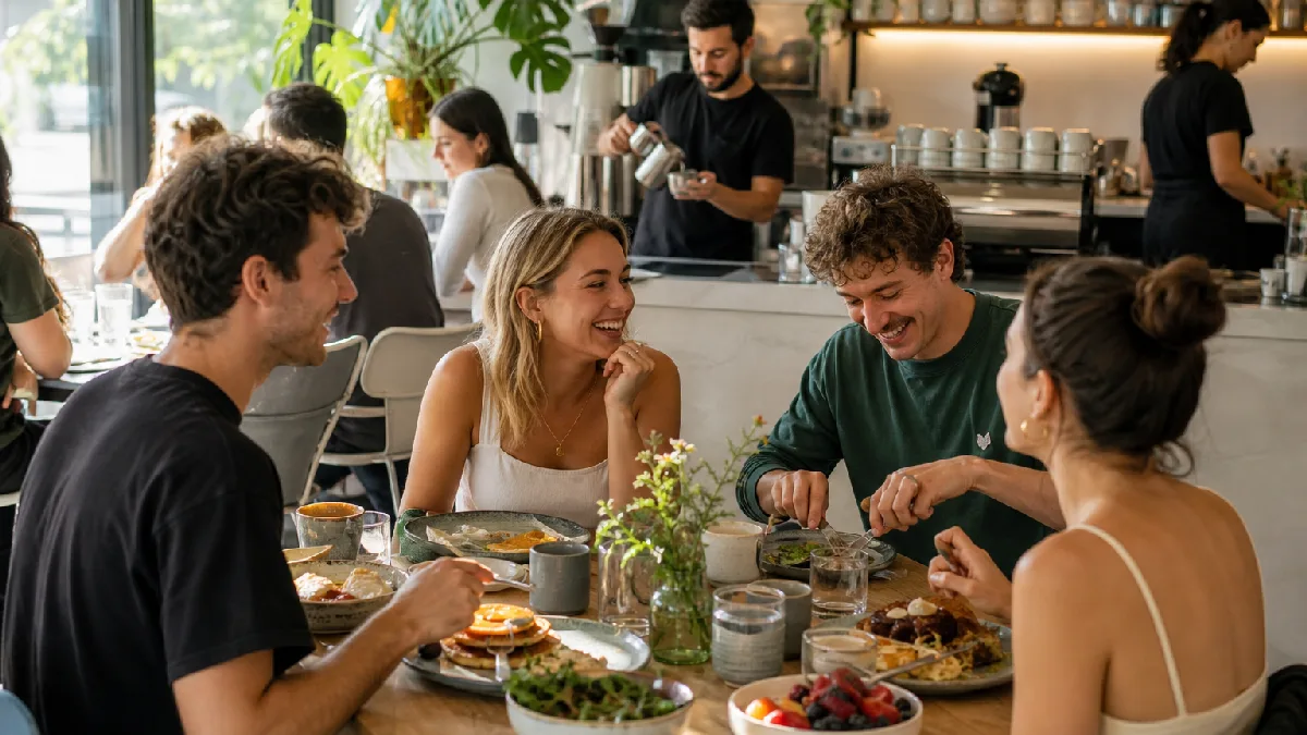 Friends enjoying colorful brunch dishes and coffee in a sunlit, cozy café with a barista in the background.