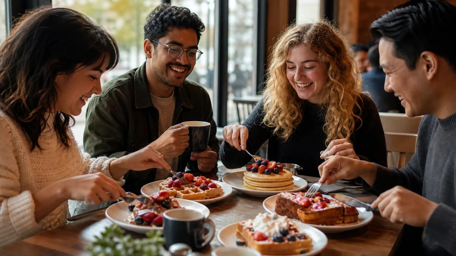 Friends enjoying pancakes, waffles, and French toast at a sunlit café table.