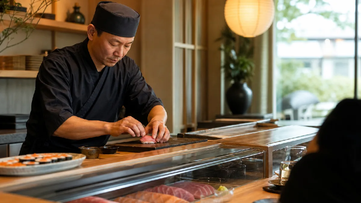 Chef preparing nigiri and sashimi at a sushi bar with warm natural light and minimalist wooden decor.