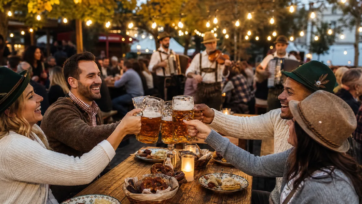 People enjoying traditional German dishes and beer under festival lights at a lively outdoor beer garden.