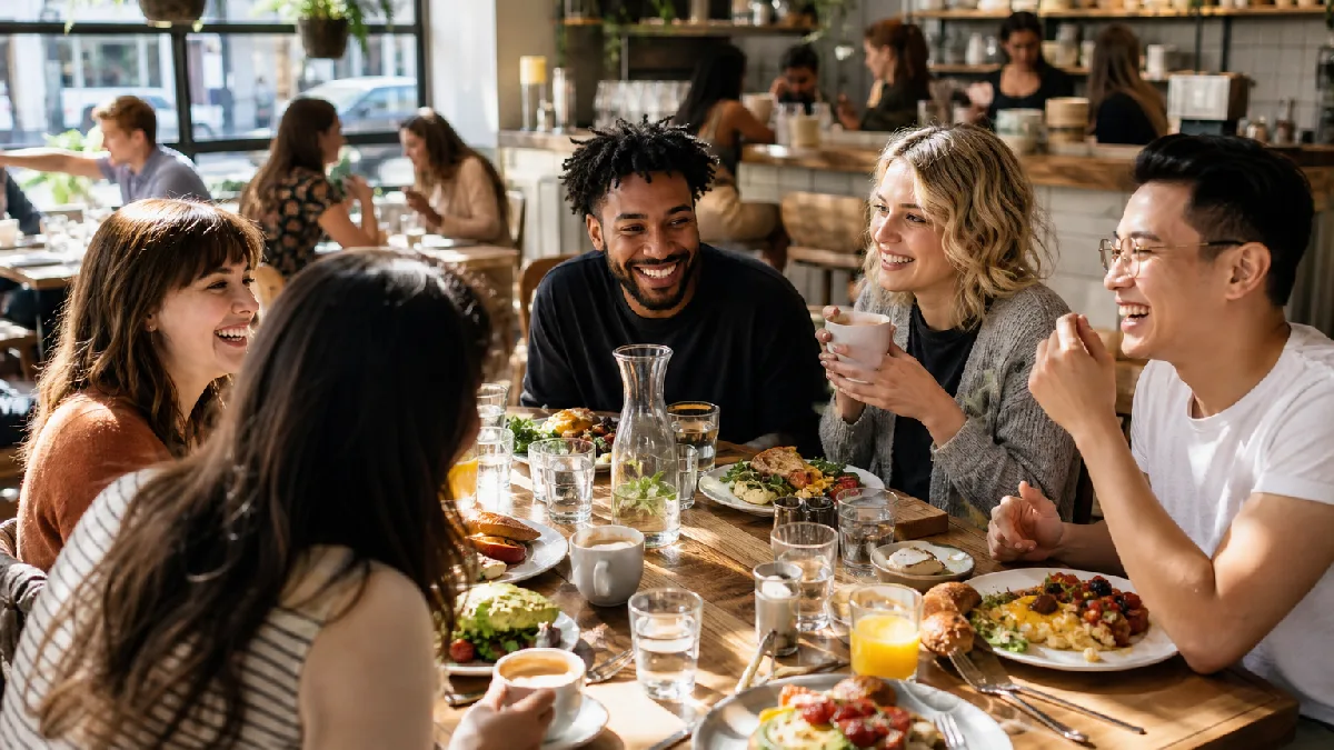 Friends enjoying a lively brunch with colorful dishes and coffee in a bright, modern café setting.