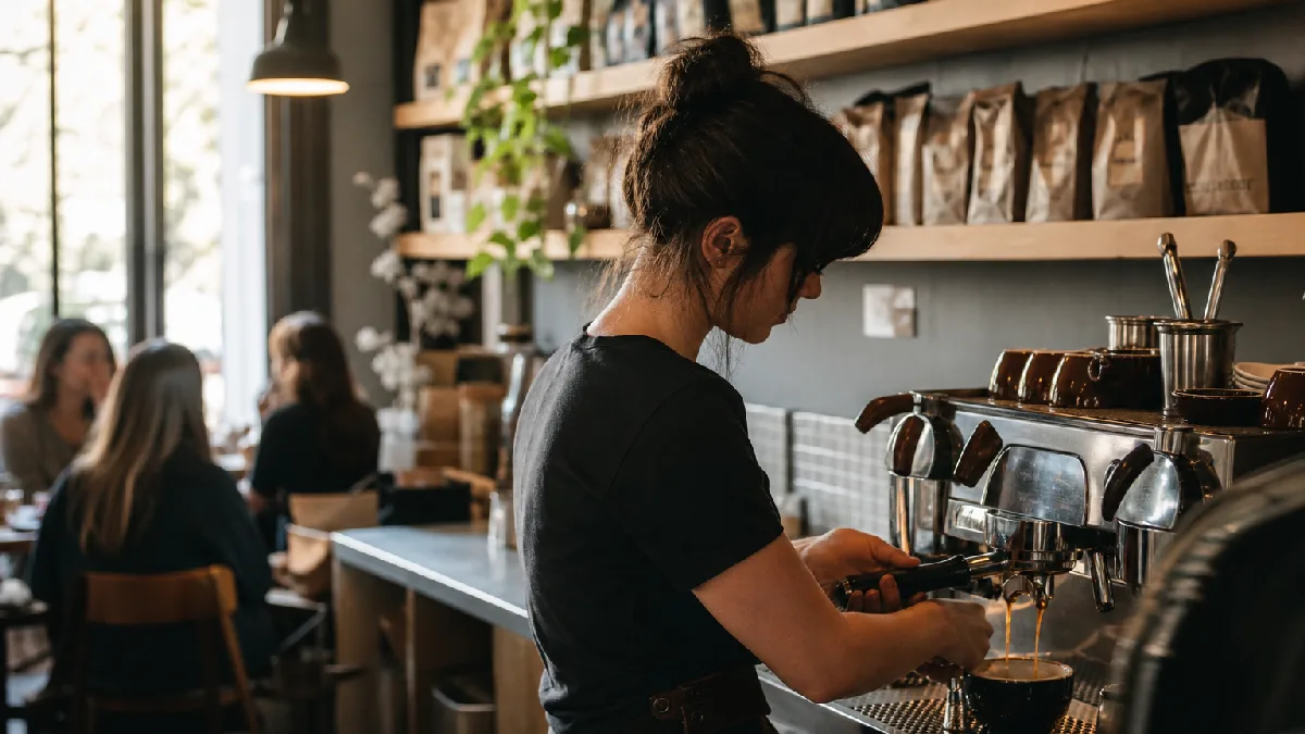 Barista making espresso in a cozy coffee shop with shelves of coffee bags and customers in the background.