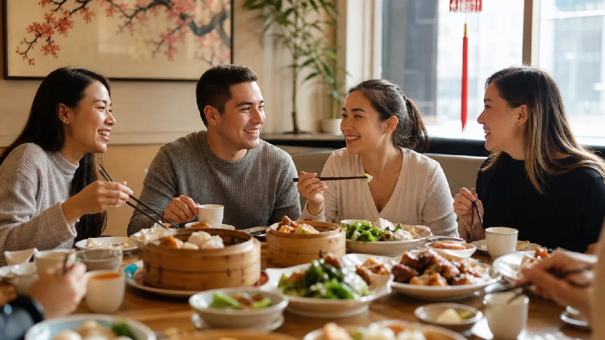 Friends enjoying a variety of Chinese dishes around a wooden table in a warmly lit dining room.