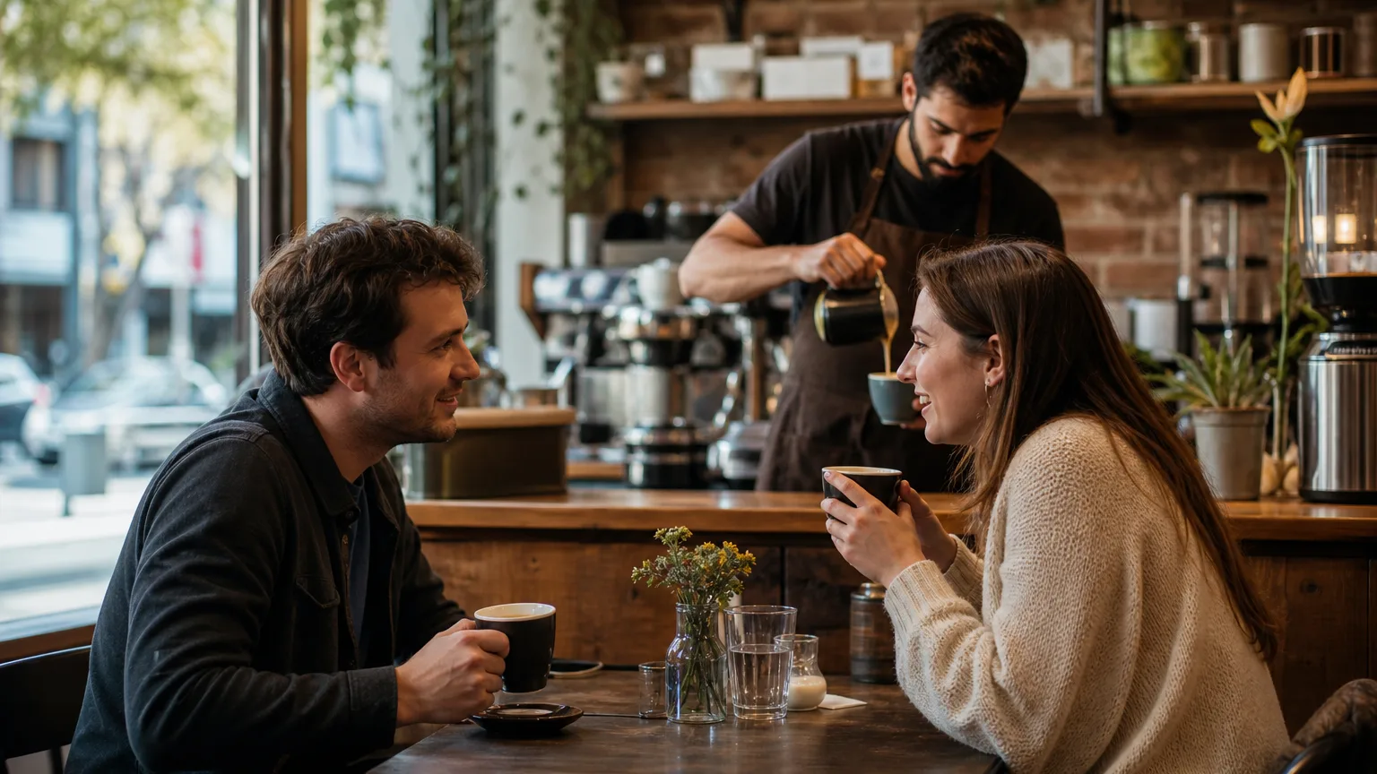 Barista pouring espresso and a couple enjoying coffee in a warmly lit cozy café interior.