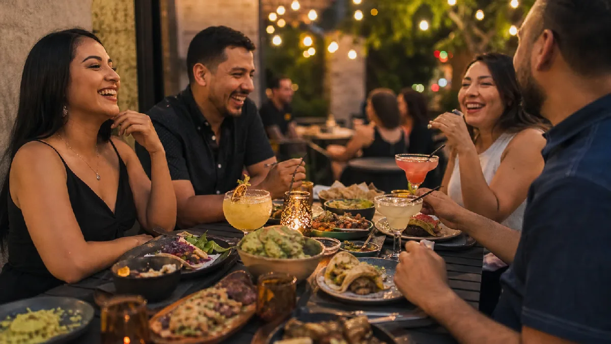 Friends enjoying Latin American dishes and cocktails at an outdoor patio with string lights in Waterloo Region.