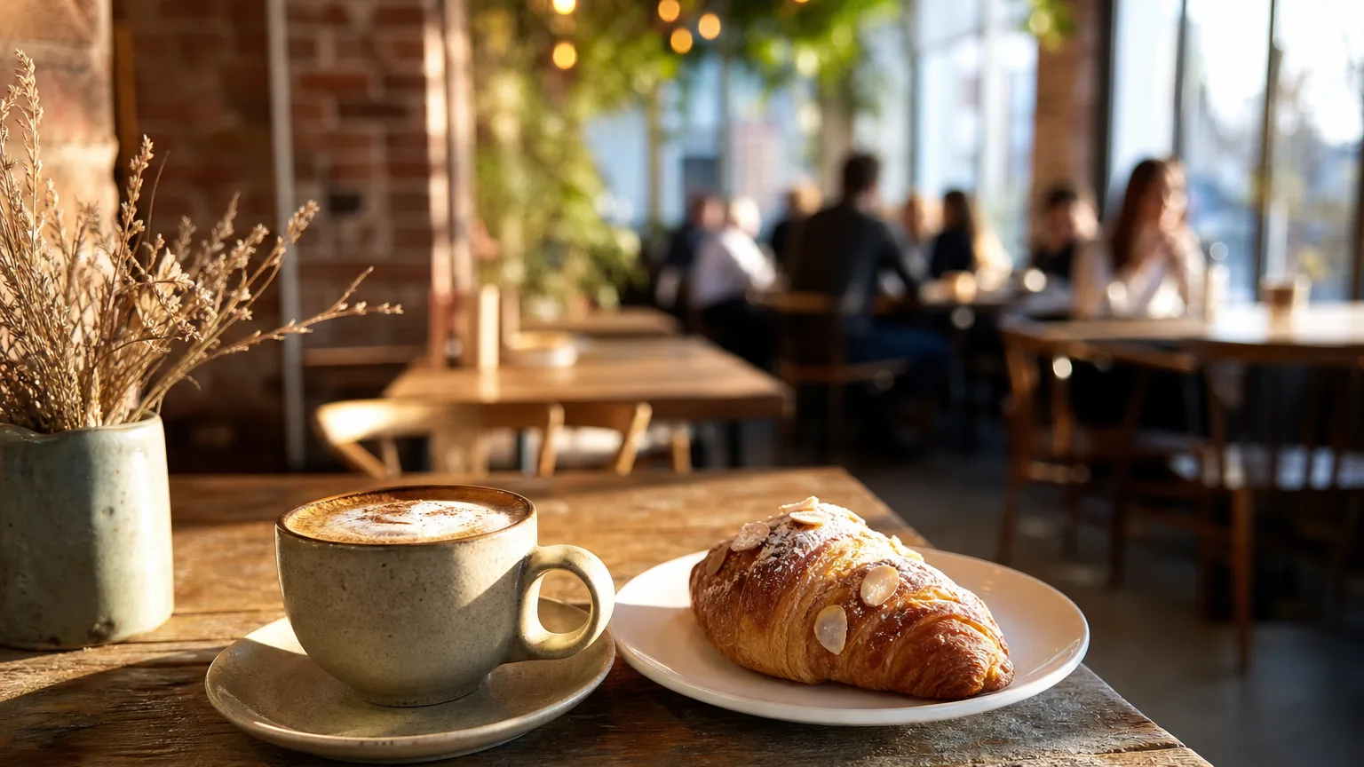 A cappuccino and almond croissant on a wooden table in a cozy café with warm daylight and blurred diners in the background.