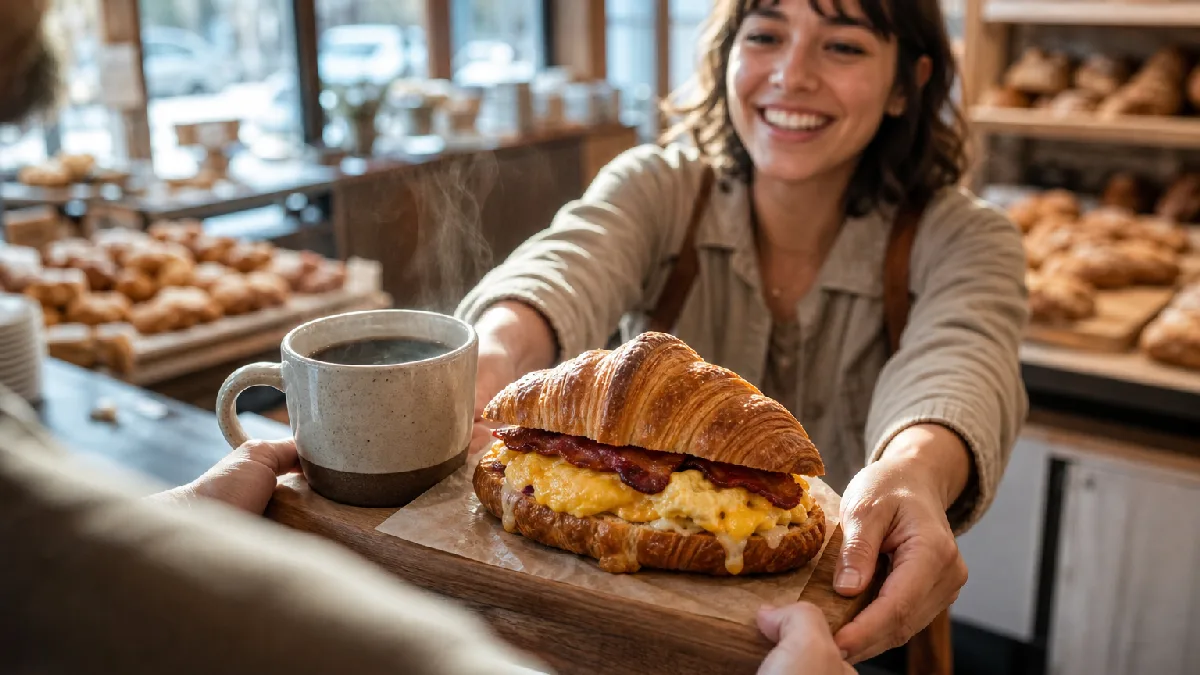 Fresh croissant sandwich with eggs and bacon alongside coffee at a bakery counter with a woman picking up her order.