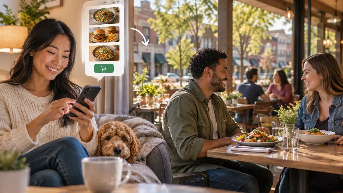 Illustration of a local food scene for Local restaurants with direct order paths.
