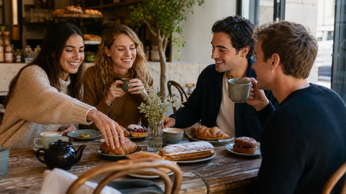 Friends enjoying pastries and coffee around a rustic wooden table in a cozy European-style café.