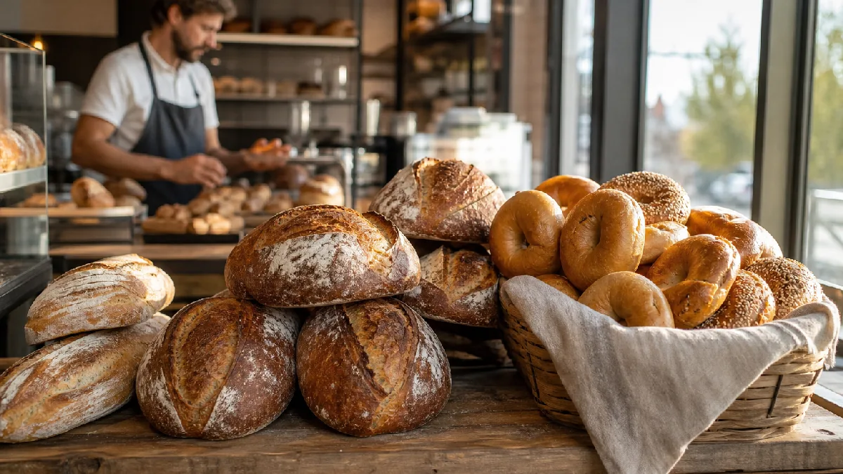 Fresh sourdough loaves and bagels on display at a cozy neighborhood bakery with a baker arranging pastries.