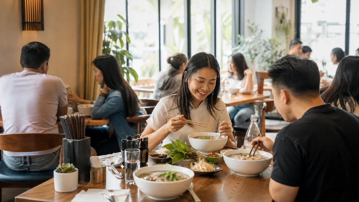 Vietnamese restaurant dining room with steaming bowls of pho and natural daylight.