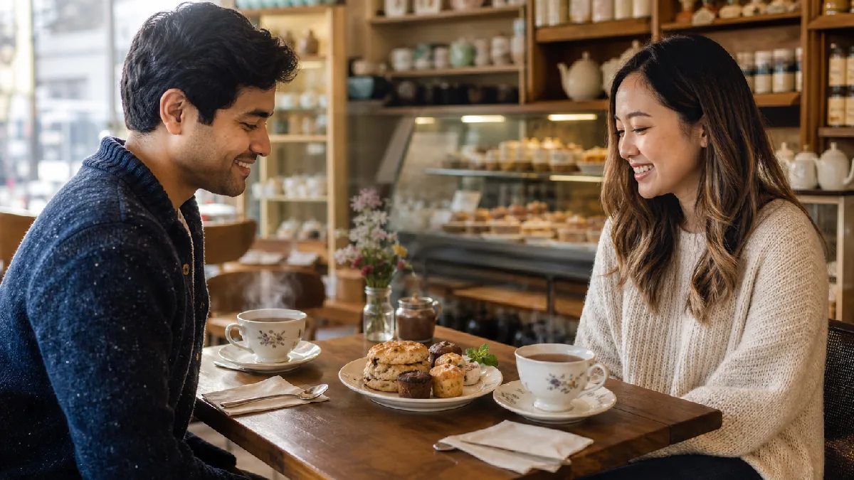 Two people in a bakery café smiling and chatting over cups of tea and a plate of pastries.