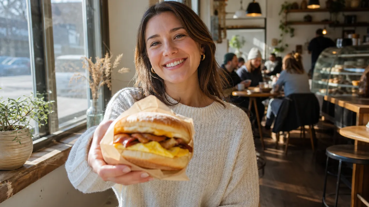 Young woman happily holding a breakfast sandwich inside a cozy café with morning light and other patrons in the background.