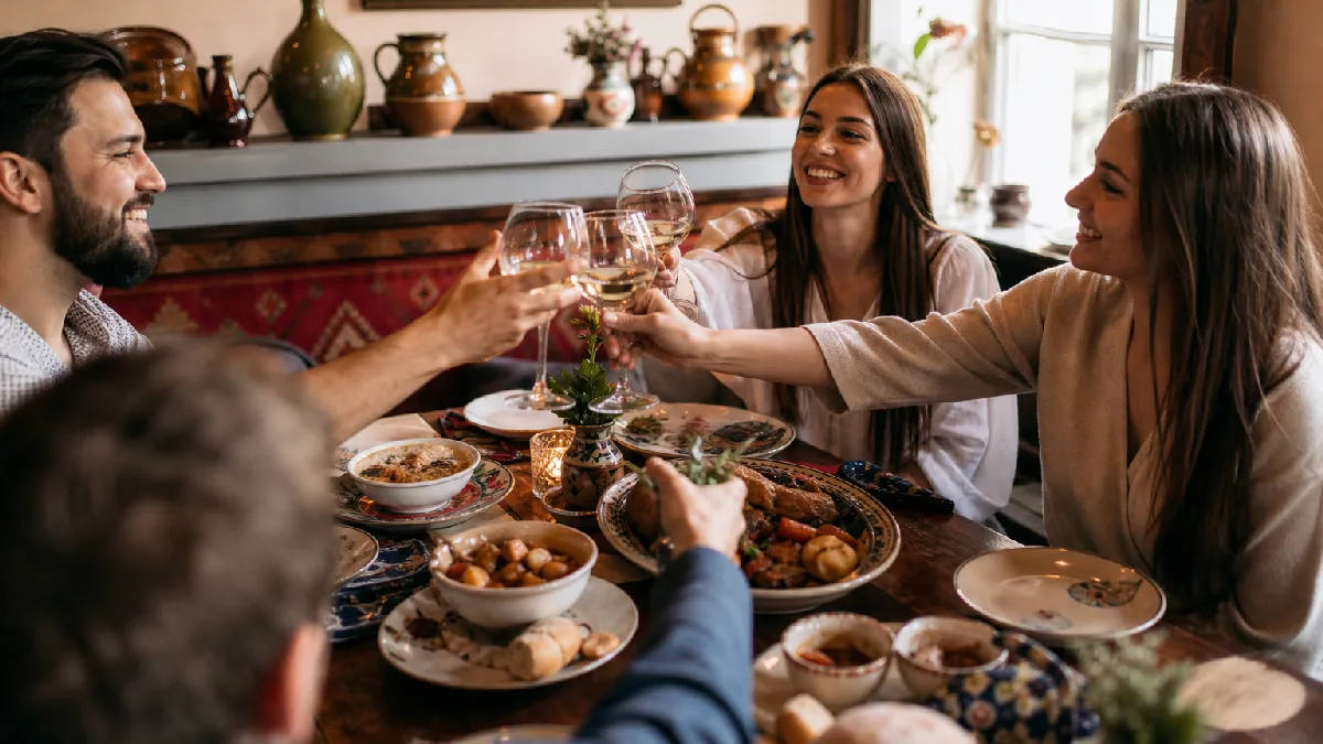 Friends enjoying a lively meal with Central European dishes in a cozy dining room with natural light.
