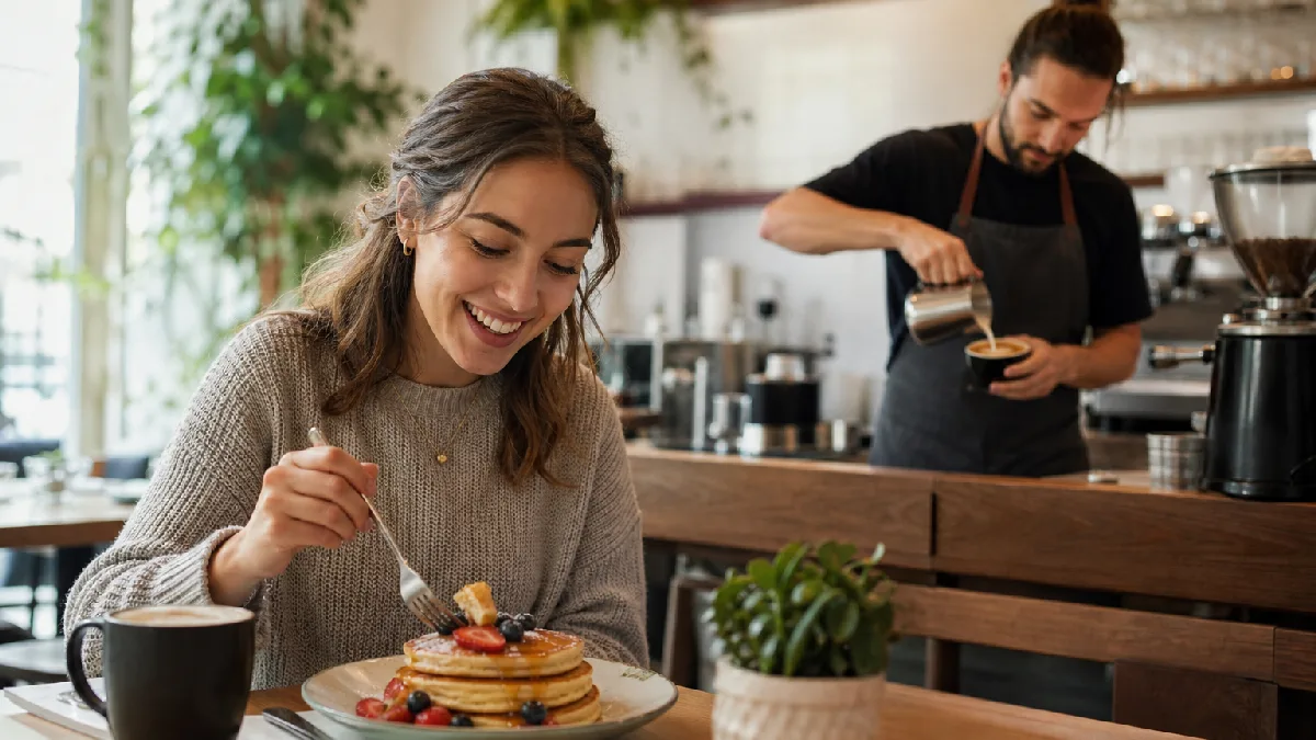 A young woman in a sunny café eats pancakes topped with berries and syrup, with a barista making coffee in the background.