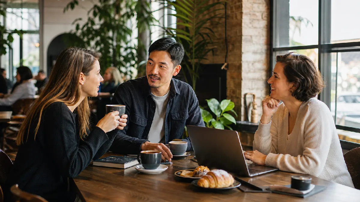Three adults chatting at a café table with coffee, pastries, and a laptop in a cozy, naturally lit room.