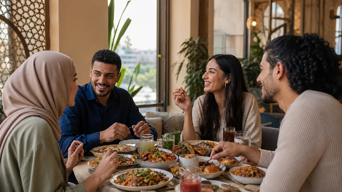 Friends enjoy a halal Middle Eastern meal together in a warmly lit, modern dining room with traditional decor accents.