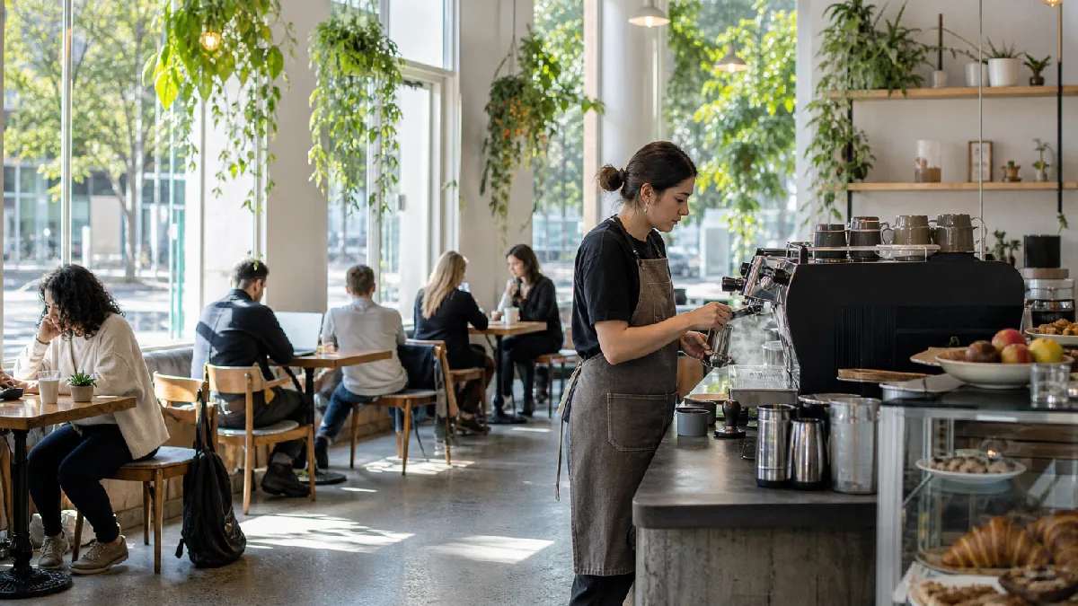 A bright café in morning light with people enjoying coffee and breakfast, a barista preparing espresso behind the counter.