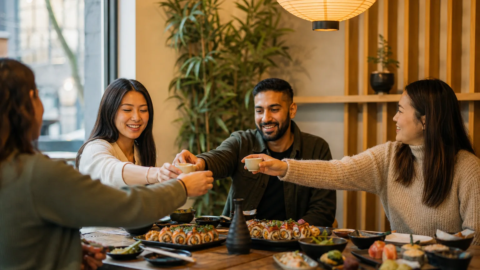 Friends enjoying sushi and sake together in a warmly lit Japanese restaurant dining room.