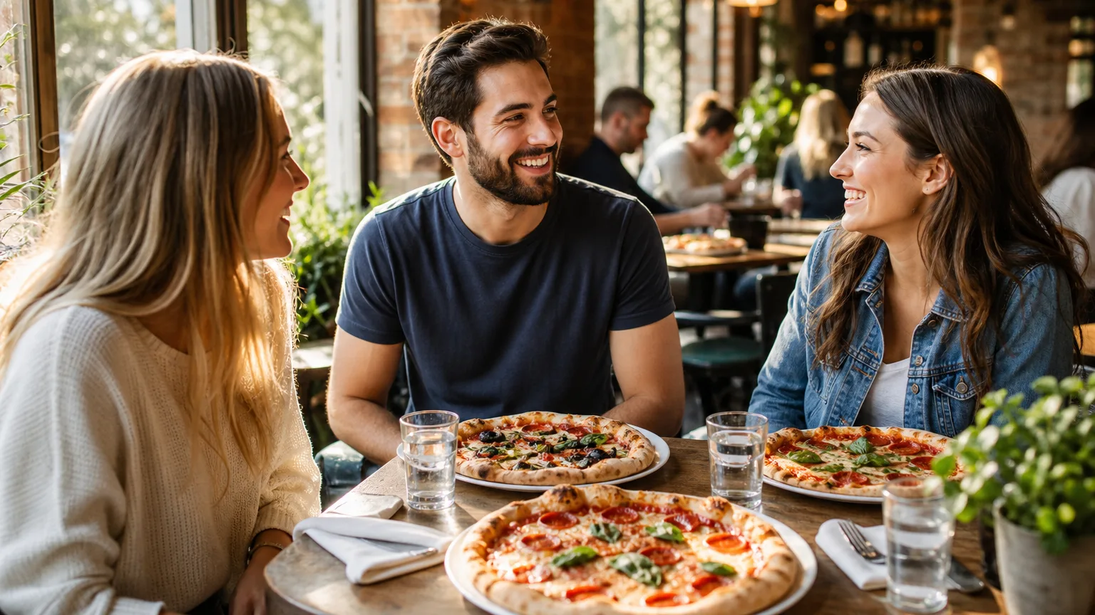 Three friends sitting at a table enjoying pizzas and smiling in a warmly lit restaurant.