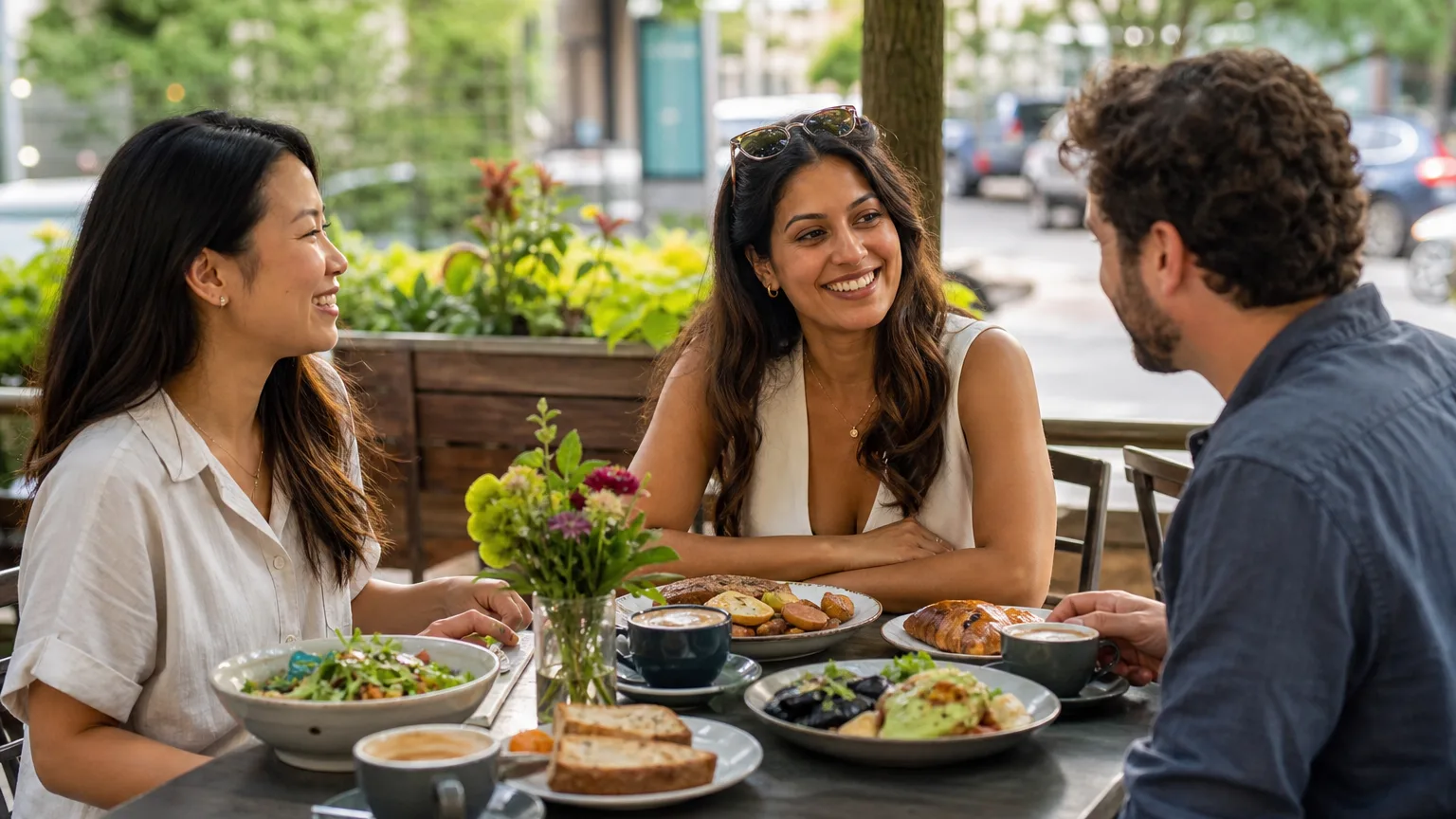 Three friends smiling and talking around a table with salads, bread, and coffees on a café patio.