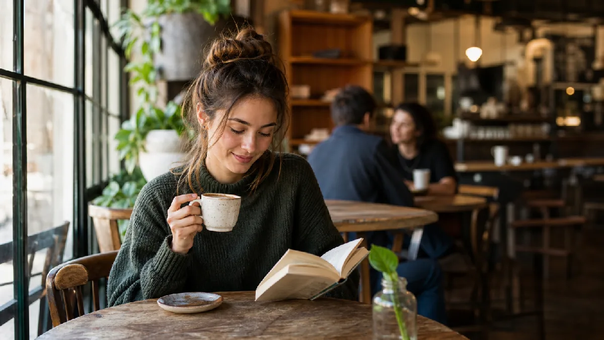 Young woman enjoying a latte while reading in a cozy, sunlit café with rustic décor and other patrons chatting in the background.