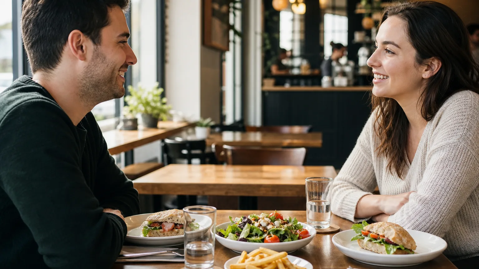 Two friends smiling and talking over a casual meal of sandwiches, salad, and fries in a bright café setting.