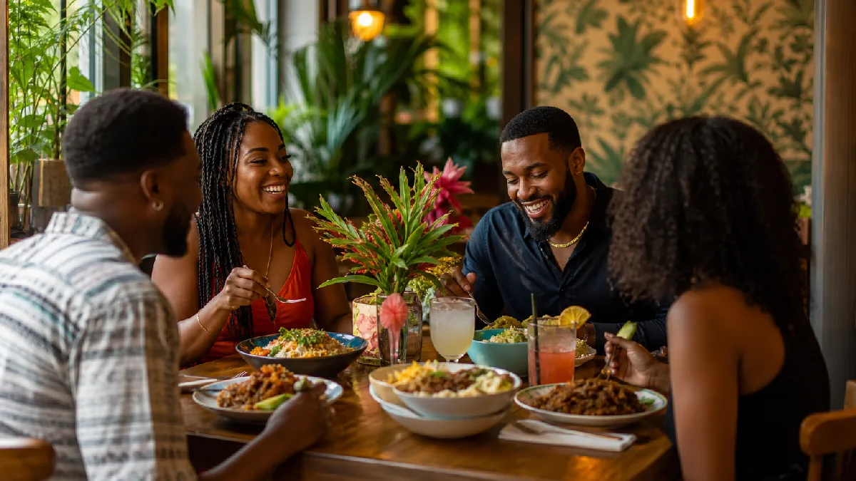 Cozy Caribbean restaurant interior with friends dining around a table with colorful food and floral centerpieces.