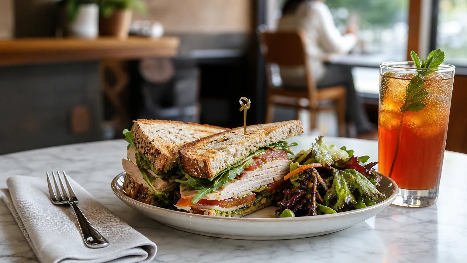 Close-up of a gourmet sandwich and iced tea on a café table with one blurred diner in the background.