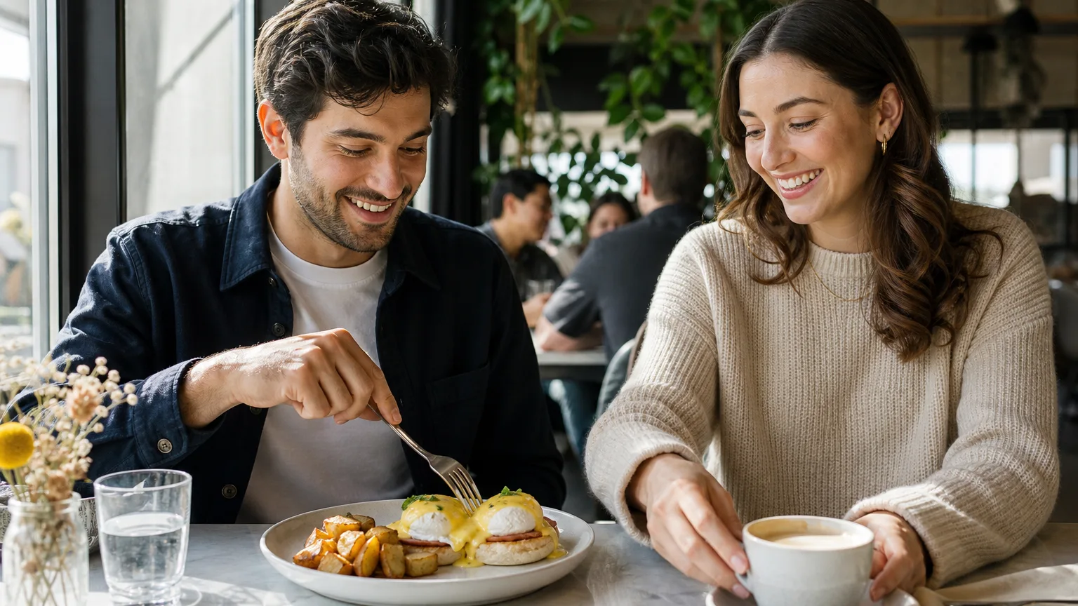 Two people enjoy classic Eggs Benedict and coffee at a sunny café table in Waterloo Region.