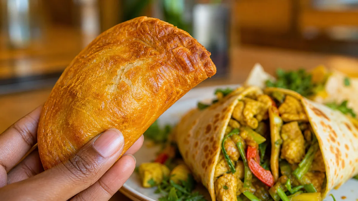 Hand holding a golden flaky Caribbean patty with plates of roti and curry dishes blurred in the background.