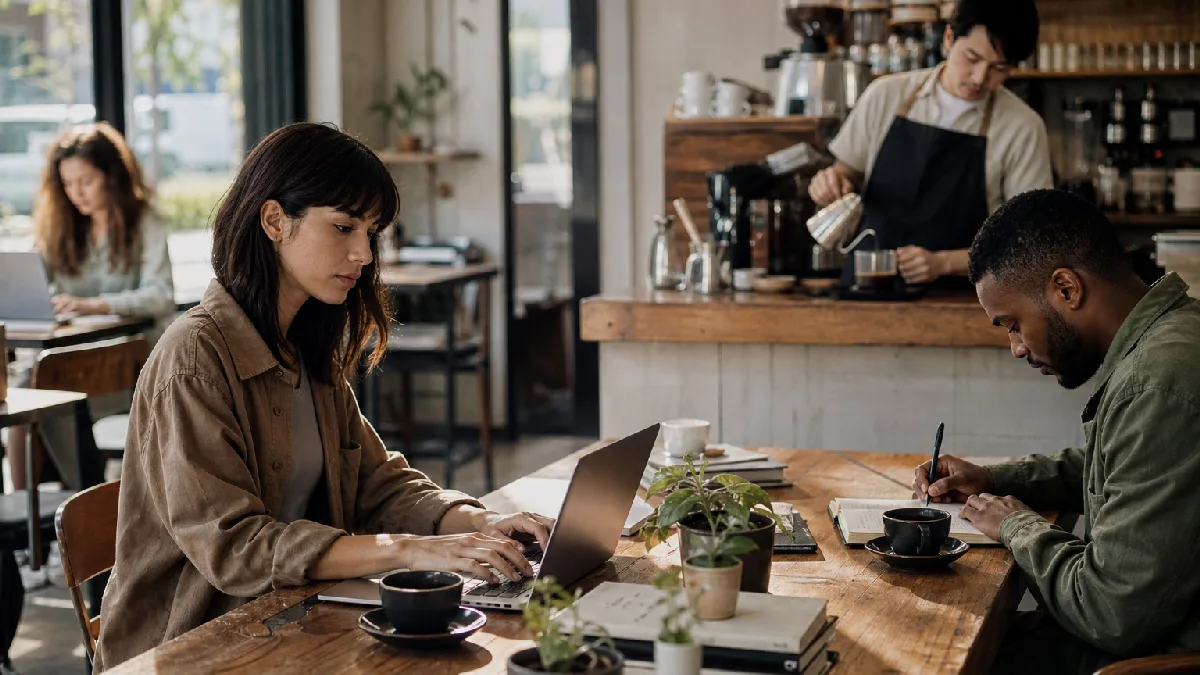 People working and studying at a sunlit café communal table with coffee and books.